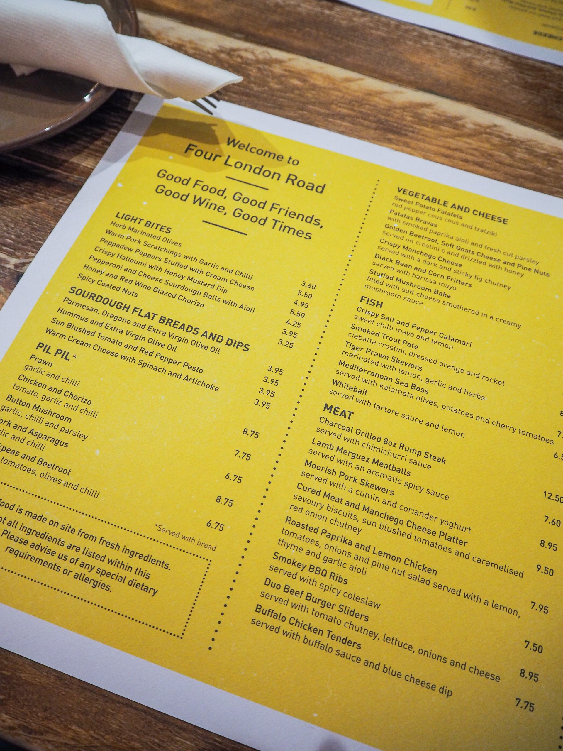menu at Four London Road
