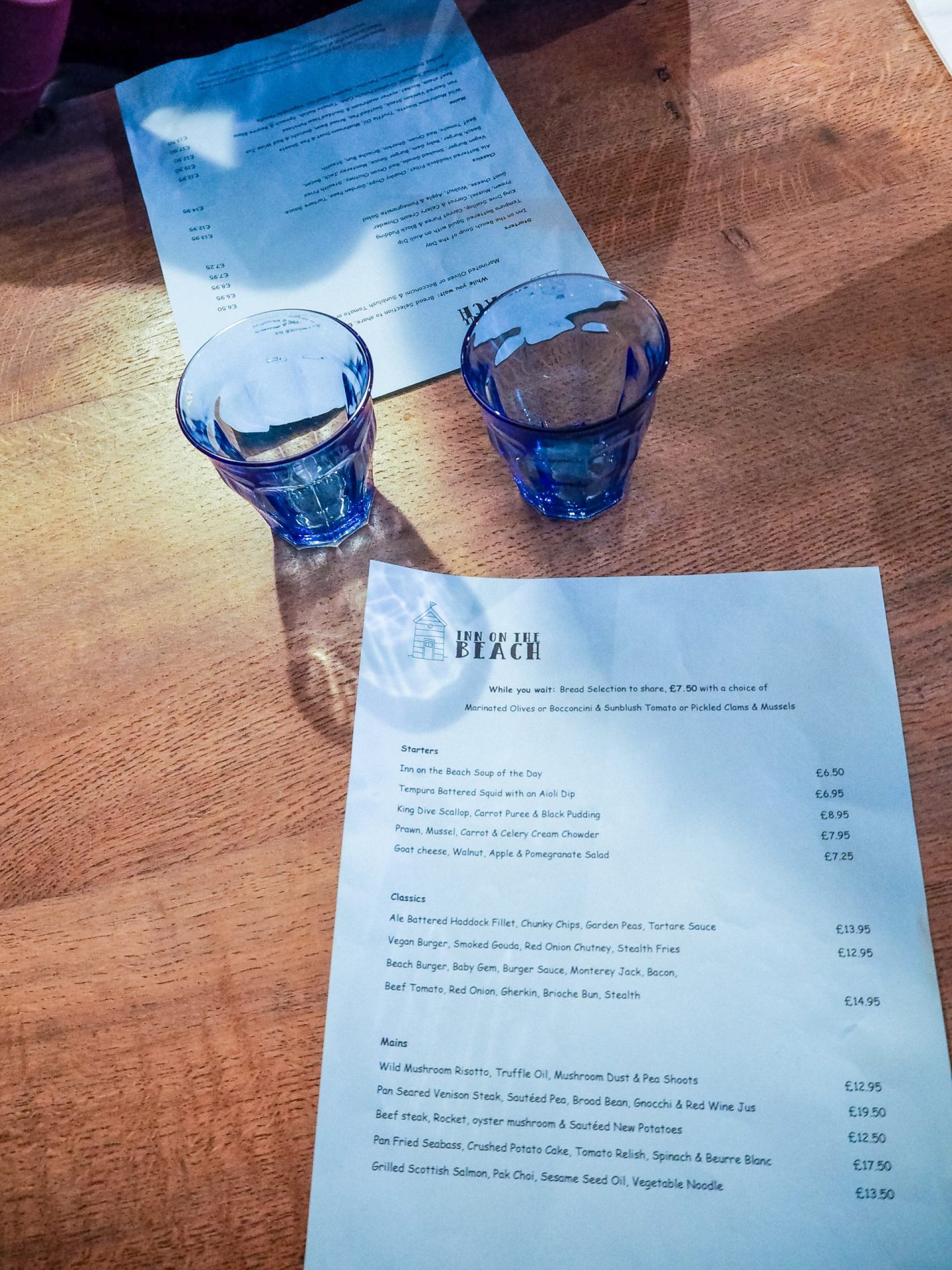 menu at Inn on the Beach, Hayling Island